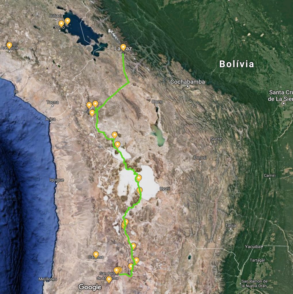 mapa Travessia do Altiplano Boliviano